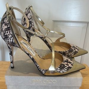 Jimmy Choo snake print heel w/light gold metallic toe. Size 39. Original box.